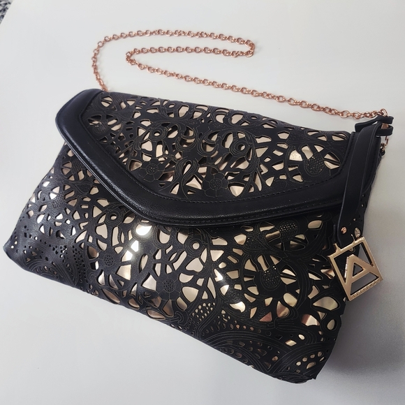 Attitude Envelope Clutch Black & Rose Gold Chain Strap - Picture 12 of 16